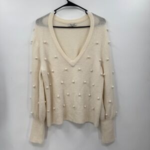 Madewell Pom Pom V-Neck Pullover‎ Sweater, Textured Knit, Women's L